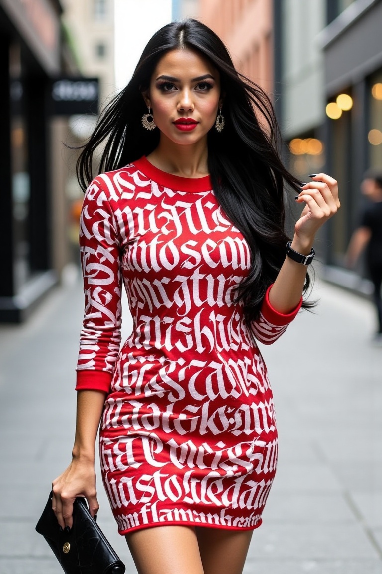 A high-resolution fashion photograph of a stylish malay beautiful woman with long,  wavy dark hair,  walking confidently i...