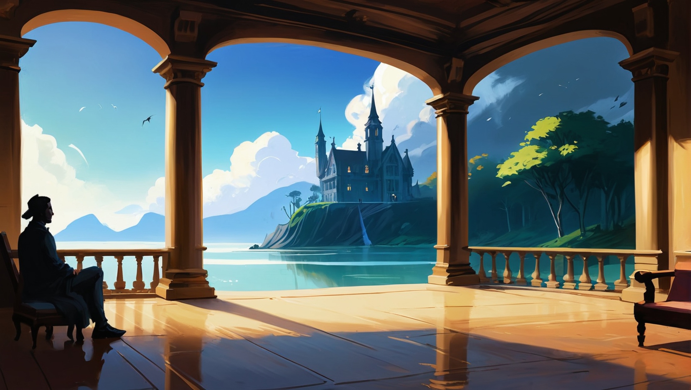 rough brushy digital painting,  sketch,  Lord's and Lady's Chambers \(room\) in a sky fantasy village beyond the beginning...