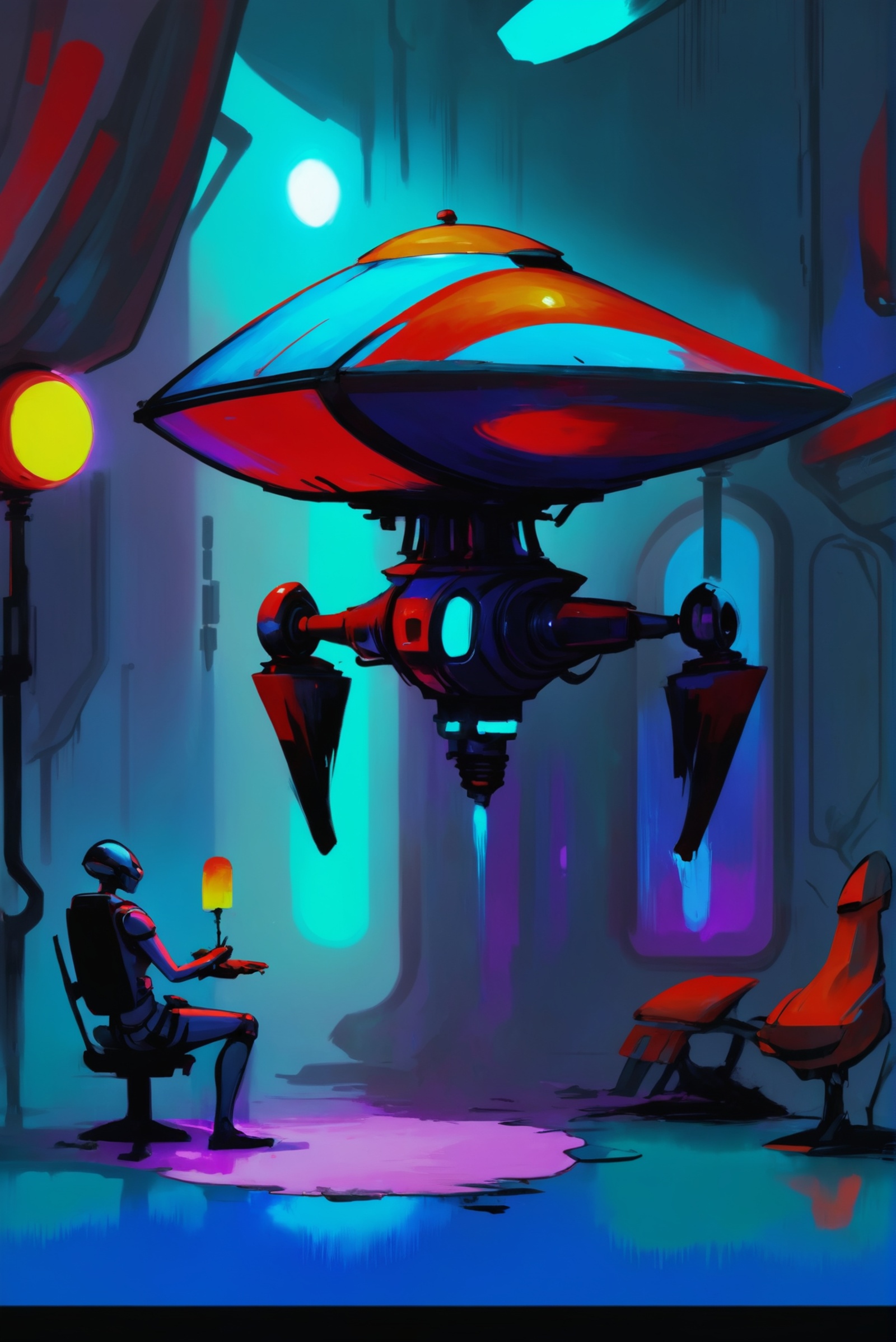 digital painting,  epic fantasy,  Self-Aware Robot Repair Shop \(room\) on Tensor.Art