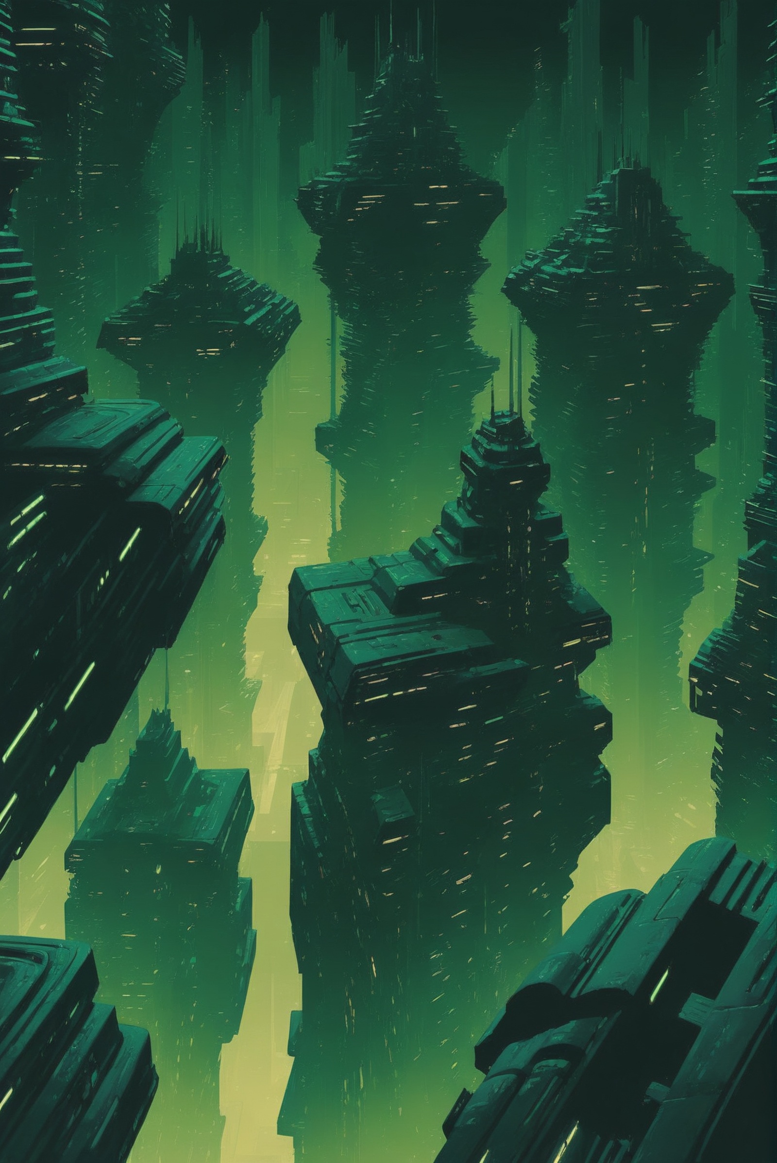 dynstopian cyberpunk,  duotone deep green and glowing green,  Experimental Terraformed Pockets on Tensor.Art
