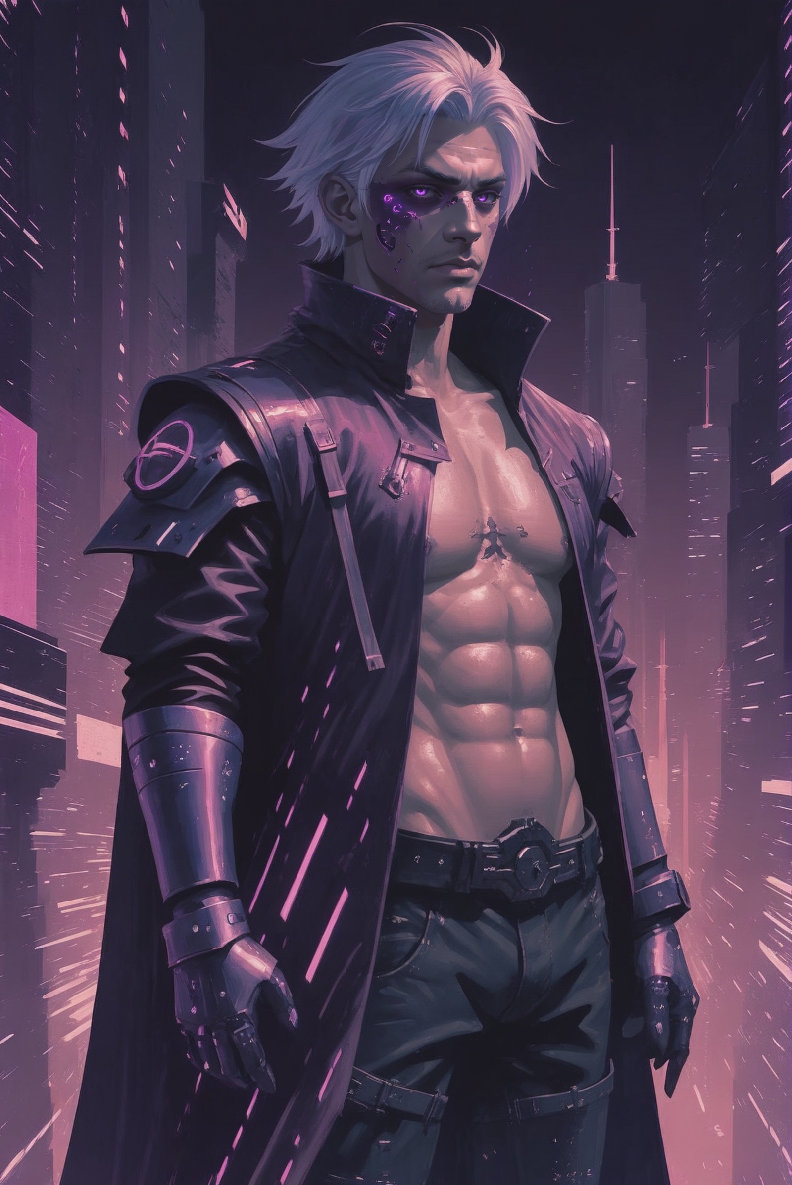 dynstopian cyberpunk,  duotone matte ultraviolet and purple, on Tensor.Art