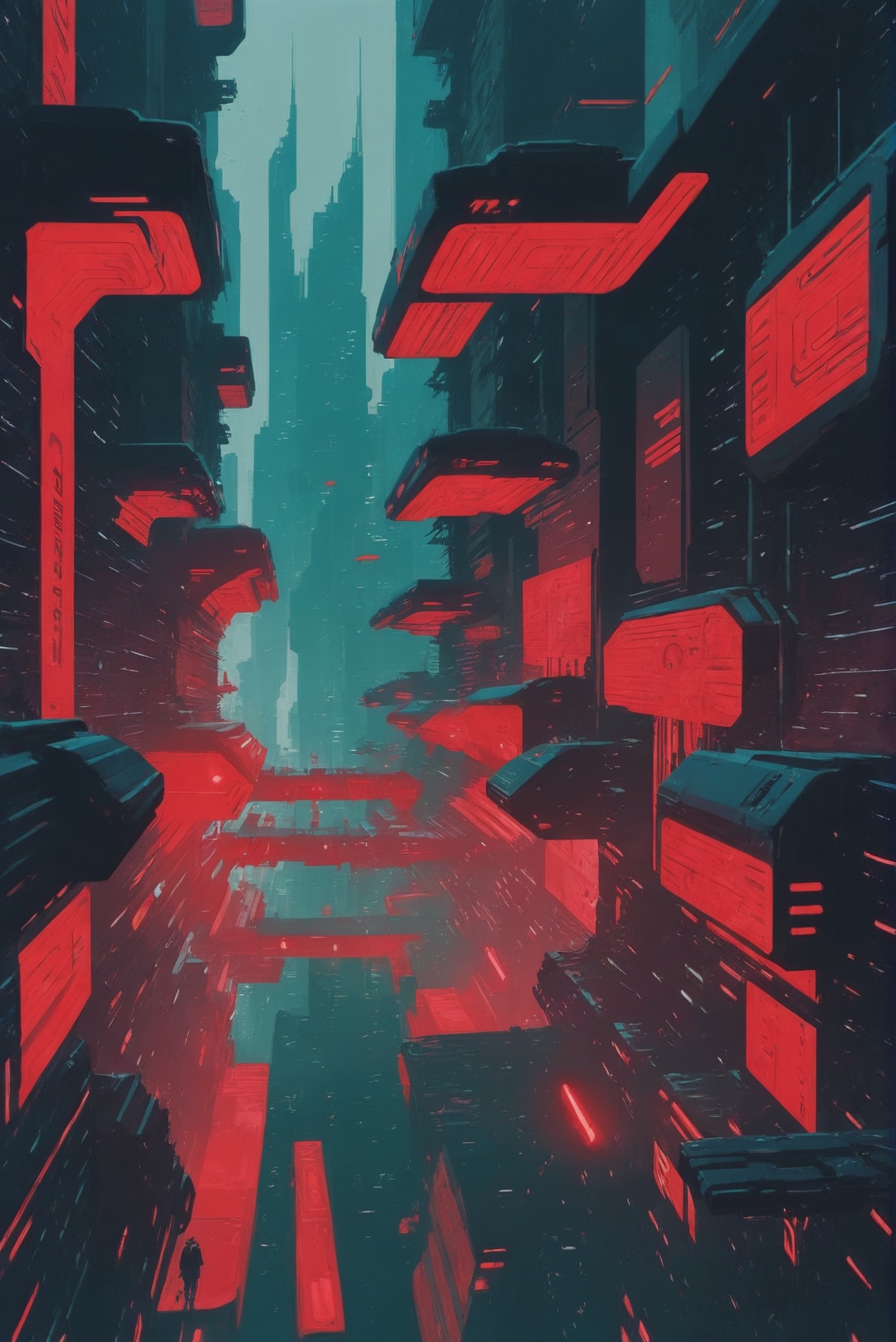dynstopian cyberpunk,  duotone aqua and crimson,  mysterious scifi city beyond the beginning of reality on Tensor.Art