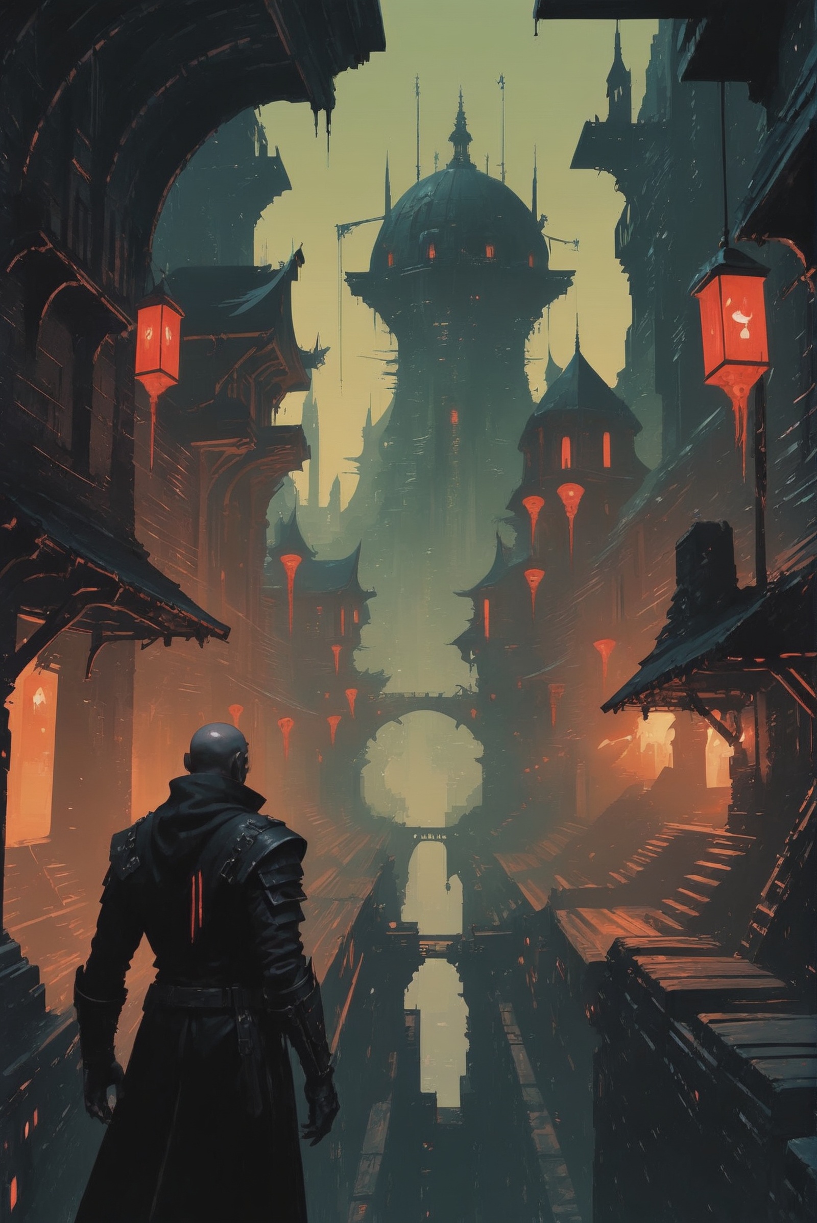 dynstopian cyberpunk,  solemn fantasy hamlet in a Necromancer's Wastes on Tensor.Art