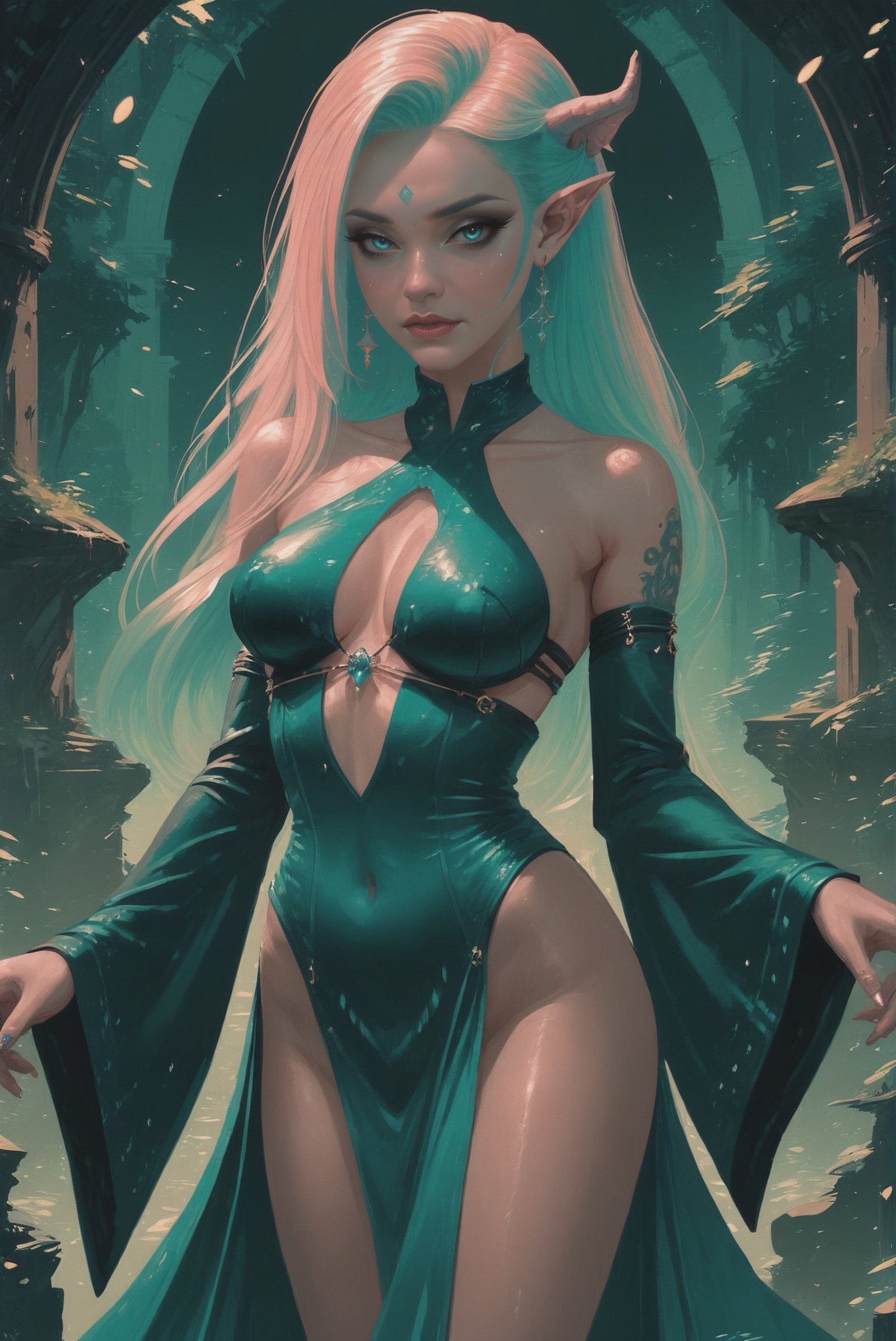 dynstopian cyberpunk,  duotone vivid sea green and dark forest green,  1girl on Tensor.Art