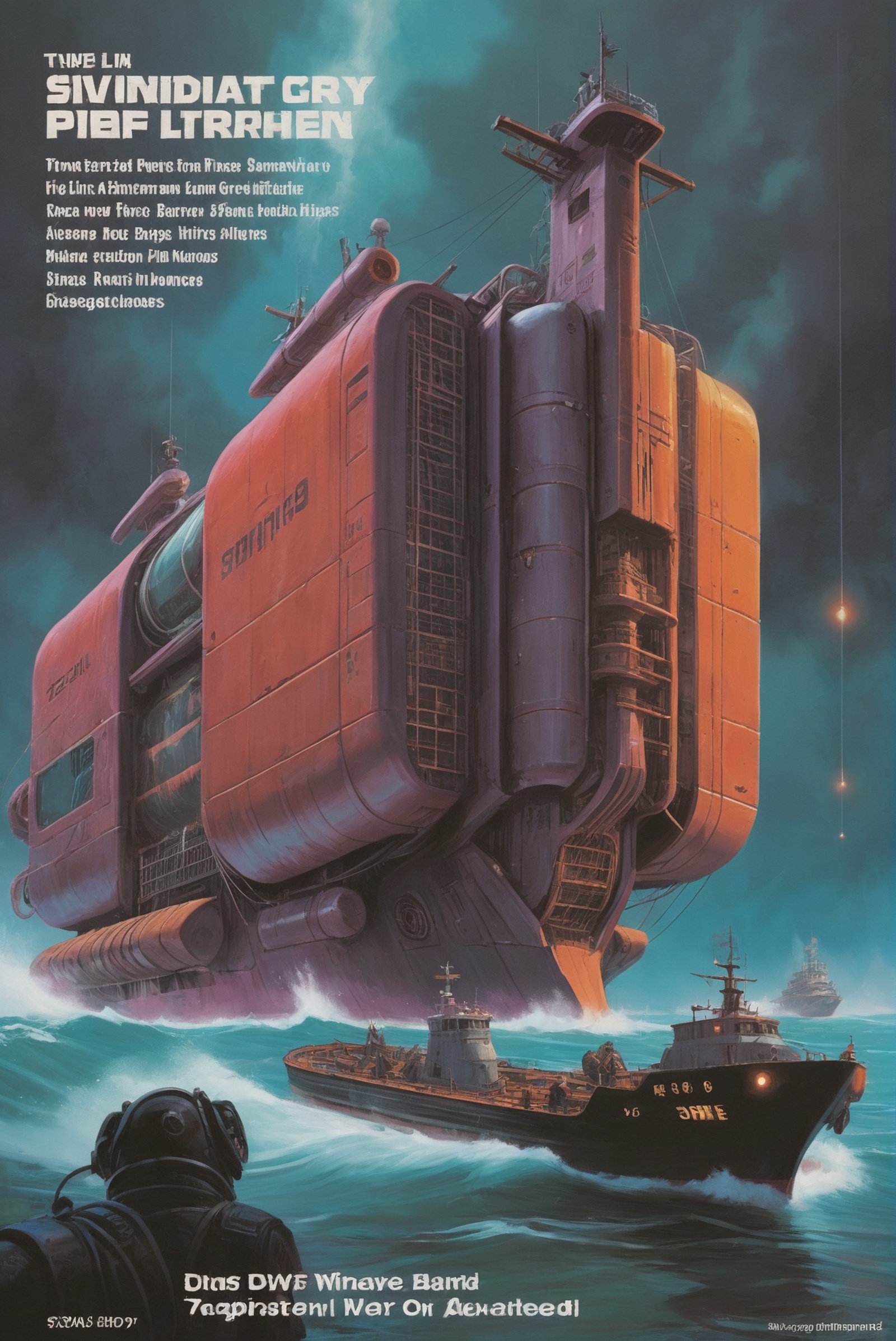 synthwave 1980s pulp scifi magazine cover,  A massive,  clunky on Tensor.Art