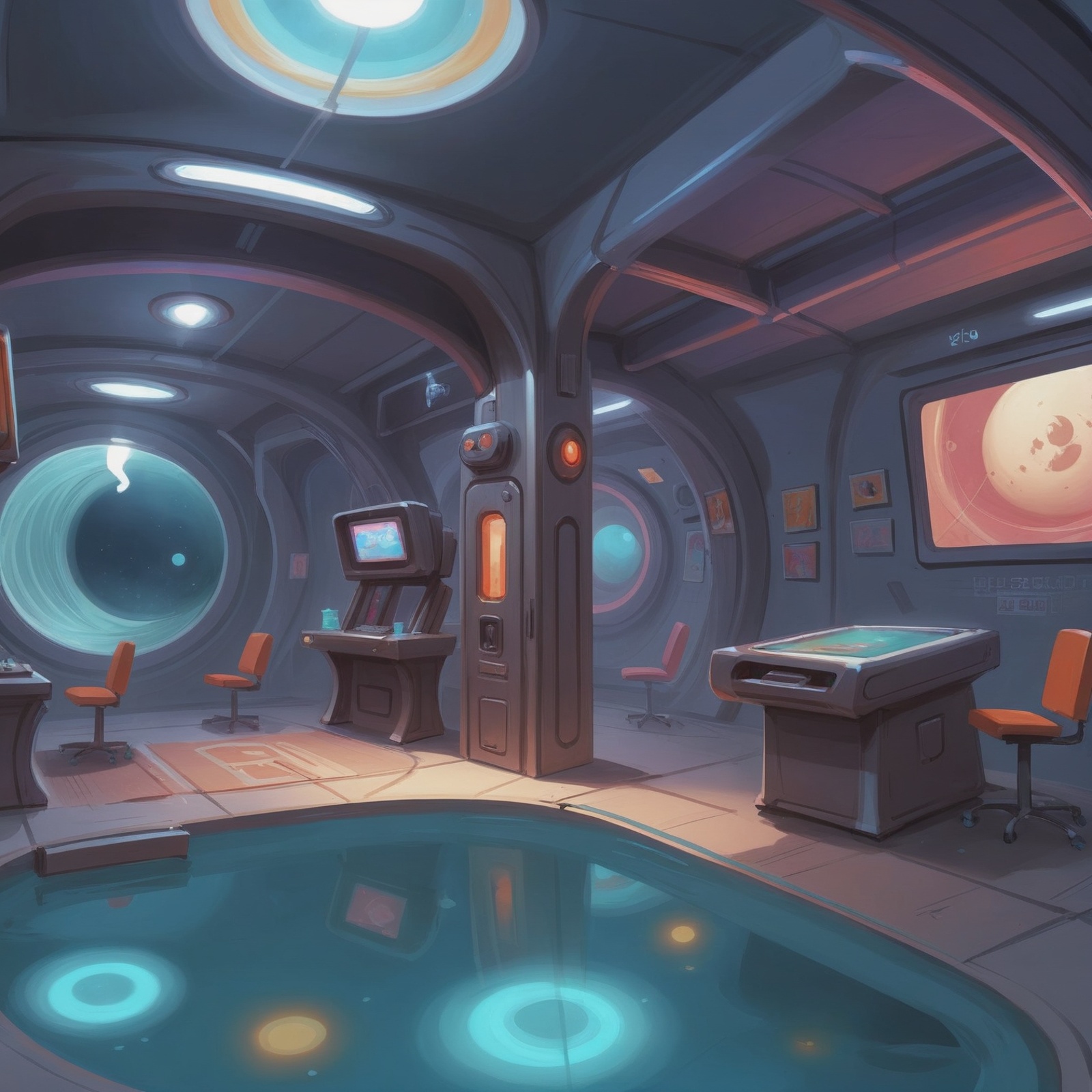 comic book style digital painting,  Recreation and Exercise Room \(room\) in a wonderous scifi village in a Lunar Lake on...