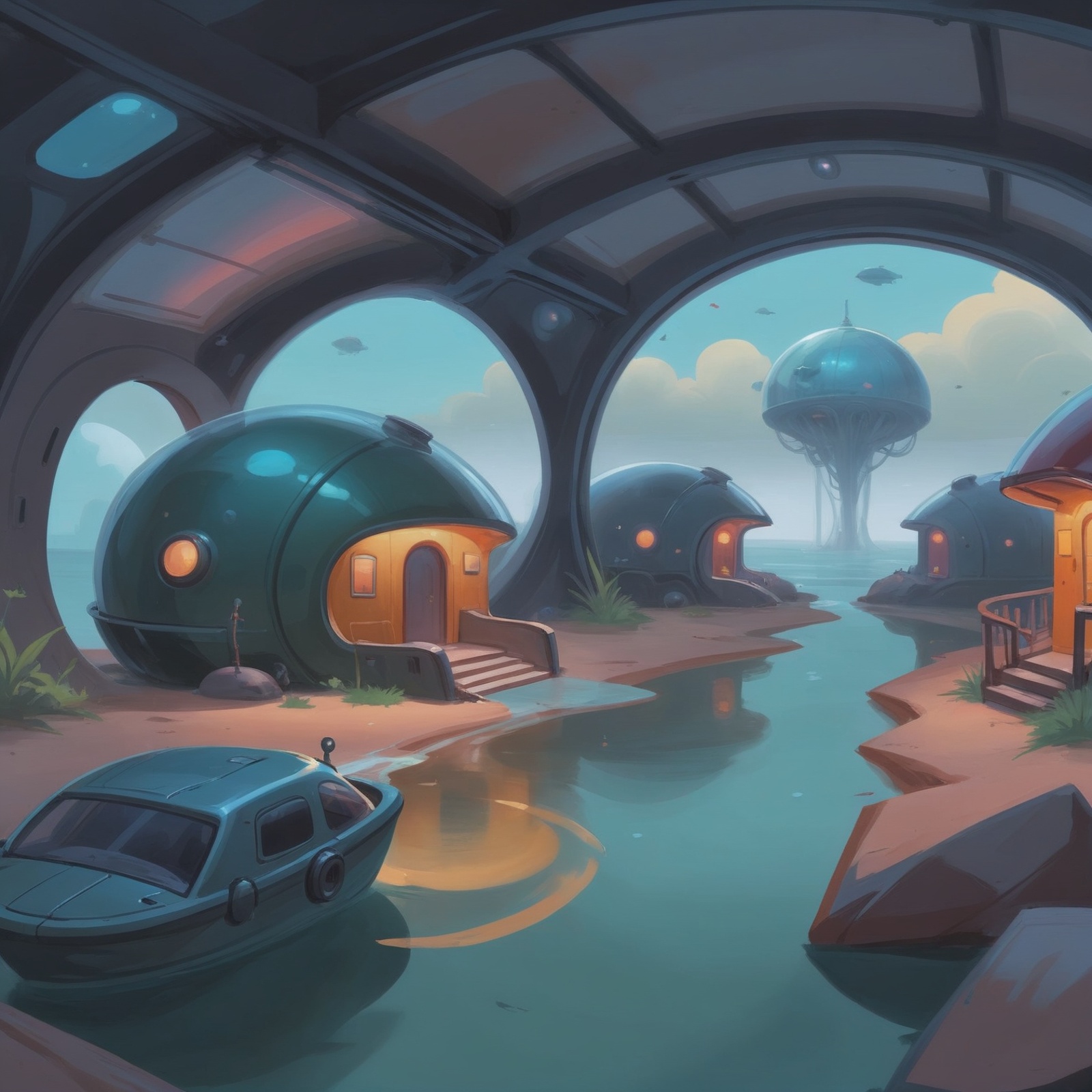 comic book style fine art digital painting,  cozy scifi hamlet in a Marine Biome on Tensor.Art