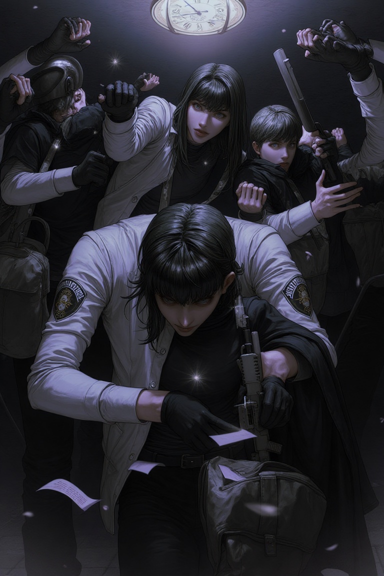 newest,  late,  1boy 2others aiming bag ballistic_shield bench black_gloves blood blood_on_clothes blood_on_wall body_armo...