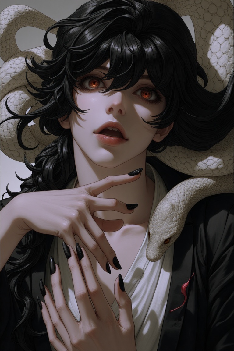 newest,  late,  1boy androgynous black_eyes black_hair black_kimono black_nails burn_scar chest_sarashi hair_between_eyes...