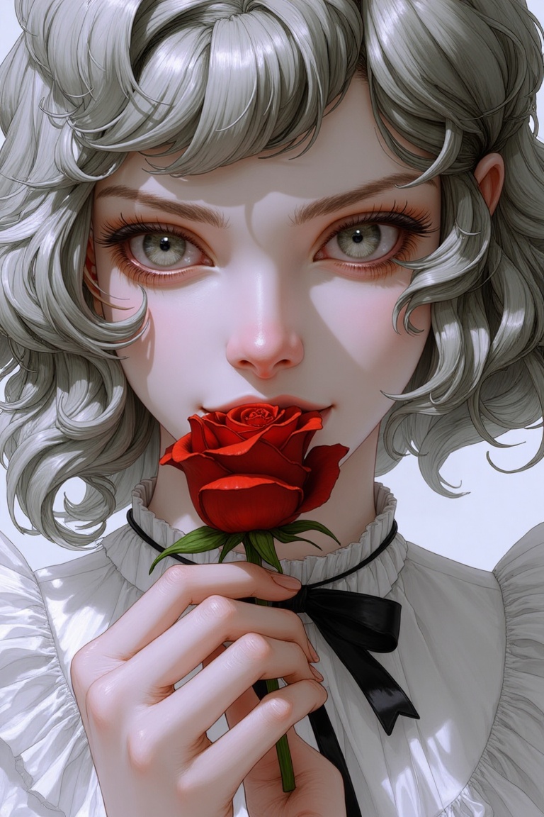 newest,  late,  painting_(medium) traditional_media watercolor_(medium) 1girl black_ribbon center_frills eating_flower flo...