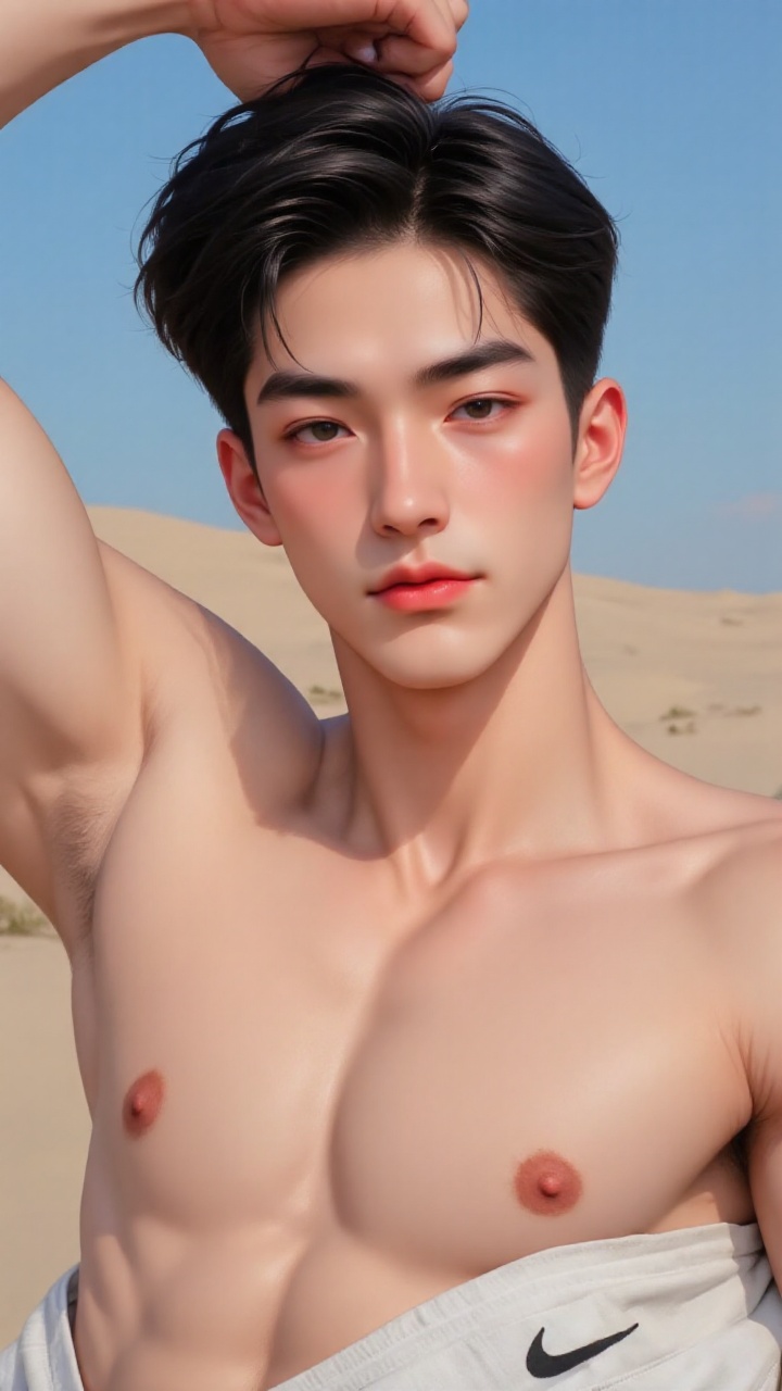 The image shows a muscular man standing outdoors in a desert-like environment. He is wearing white Nike Pro shorts and a m...