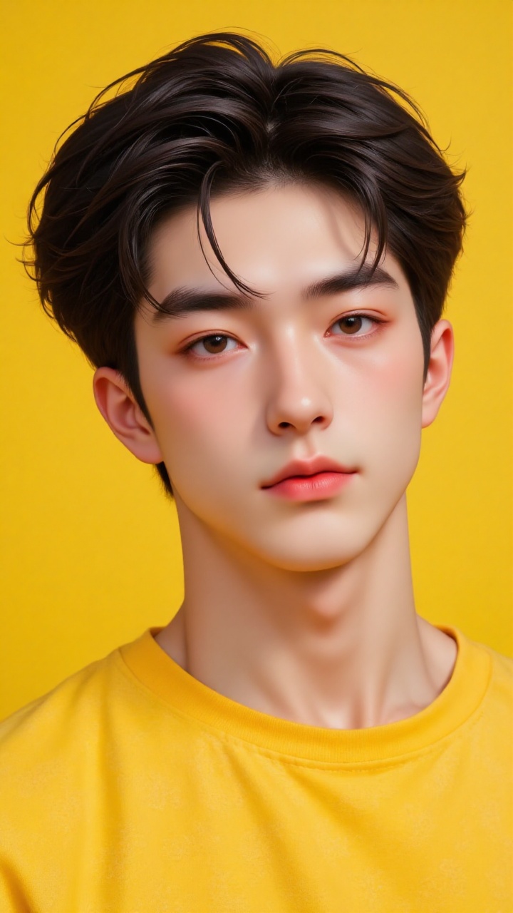 The image shows a person with dark hair styled in a slightly wavy manner. They are wearing a bright yellow shirt with a te...