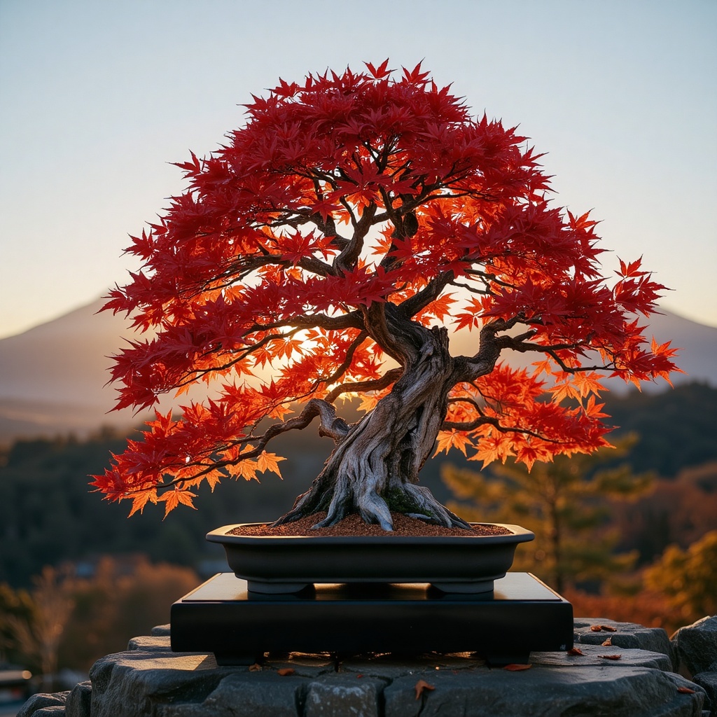 A fiery red maple bonsai,  autumn leaves glowing in the evening sun,  rugged trunk with exposed roots on Tensor.Art