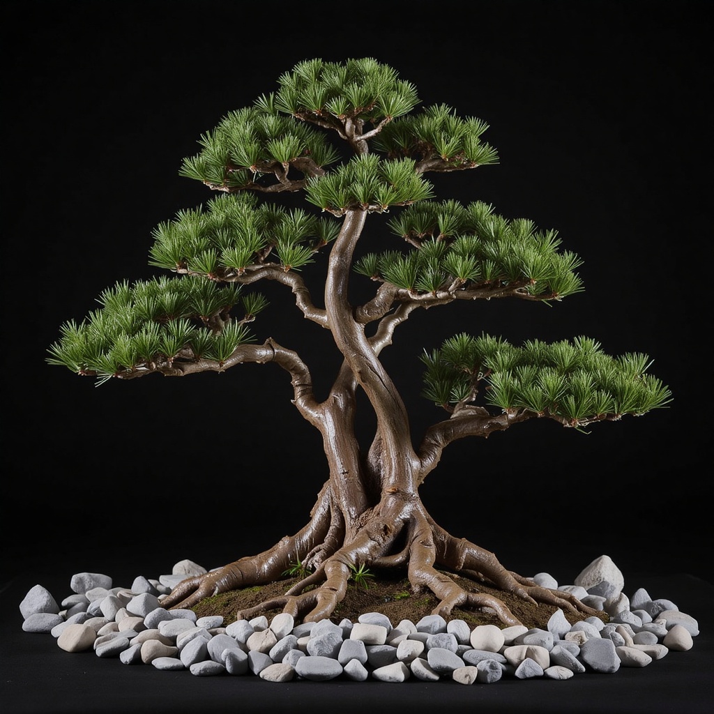 A rugged cedar bonsai in a karesansui (dry landscape) setting,  surrounded by raked white gravel and smooth river stones,...