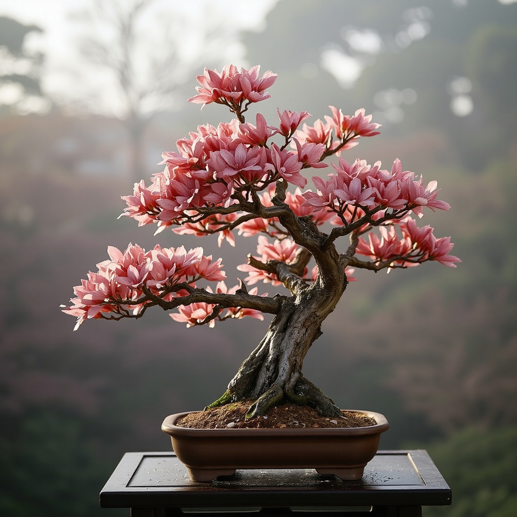 A delicate cherry blossom bonsai in full bloom,  vibrant pink petals gently falling,  placed on a wooden stand on Tensor.Art