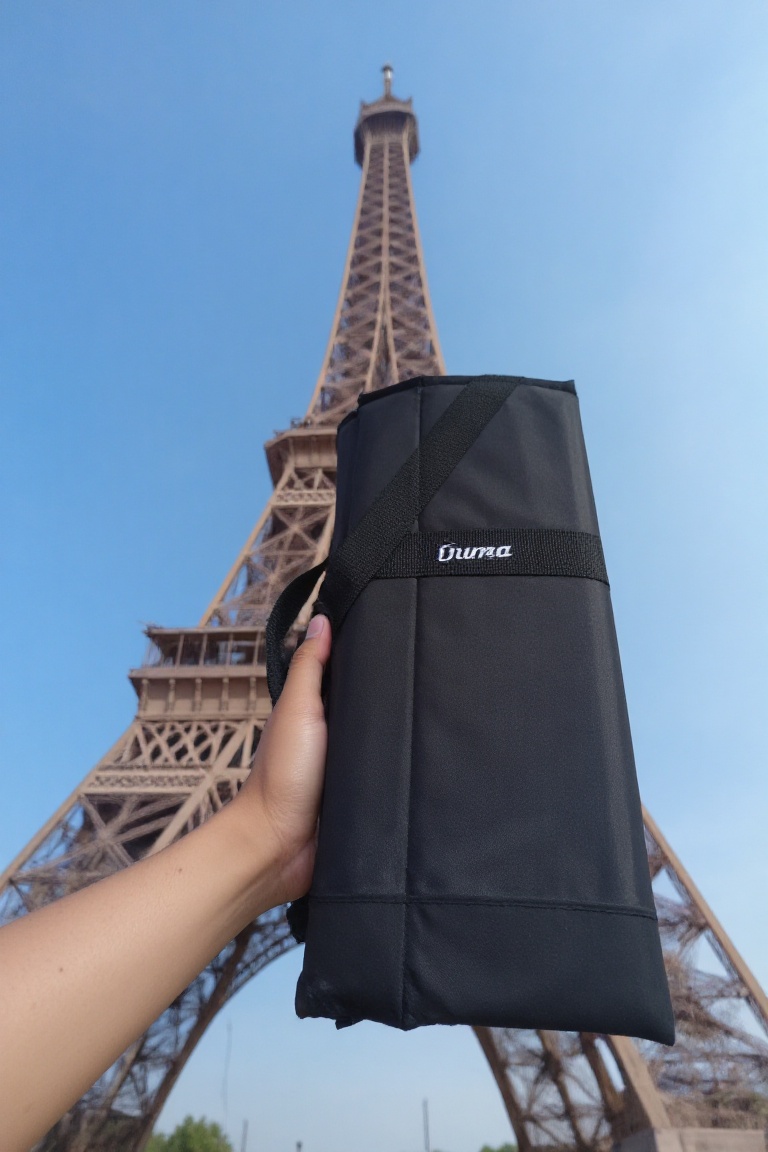 Pov view with one hand wearing long sleeve hold a black rectangular duma bag. The bag has the word "Duma" written on it in...