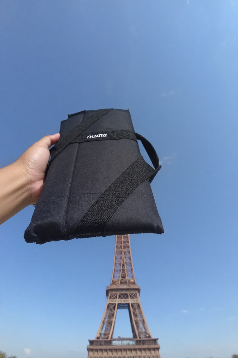 Pov view with one hand wearing long sleeve hold a black rectangular duma bag. The bag has the word "Duma" written on it in...