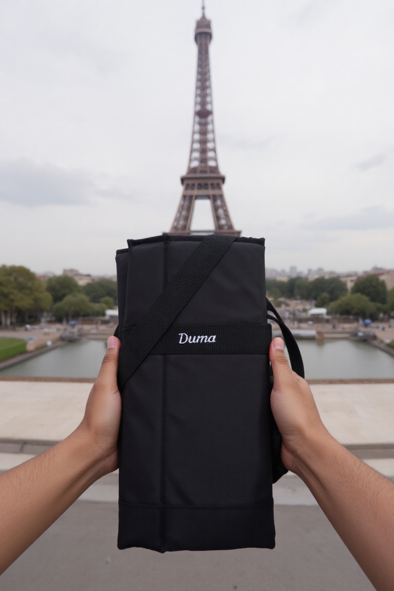 Pov view with hands of a black rectangular duma bag. The bag has the word "Duma" written on it in white text. Background i...