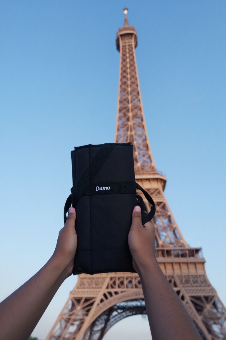 Pov view with hands wearing long sleeve hold a black rectangular duma bag. The bag has the word "Duma" written on it in wh...