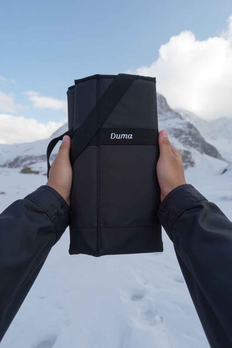 Pov view with hands wearing long sleeve jacket hold a black rectangular duma bag. The bag has the word "Duma" written on i...