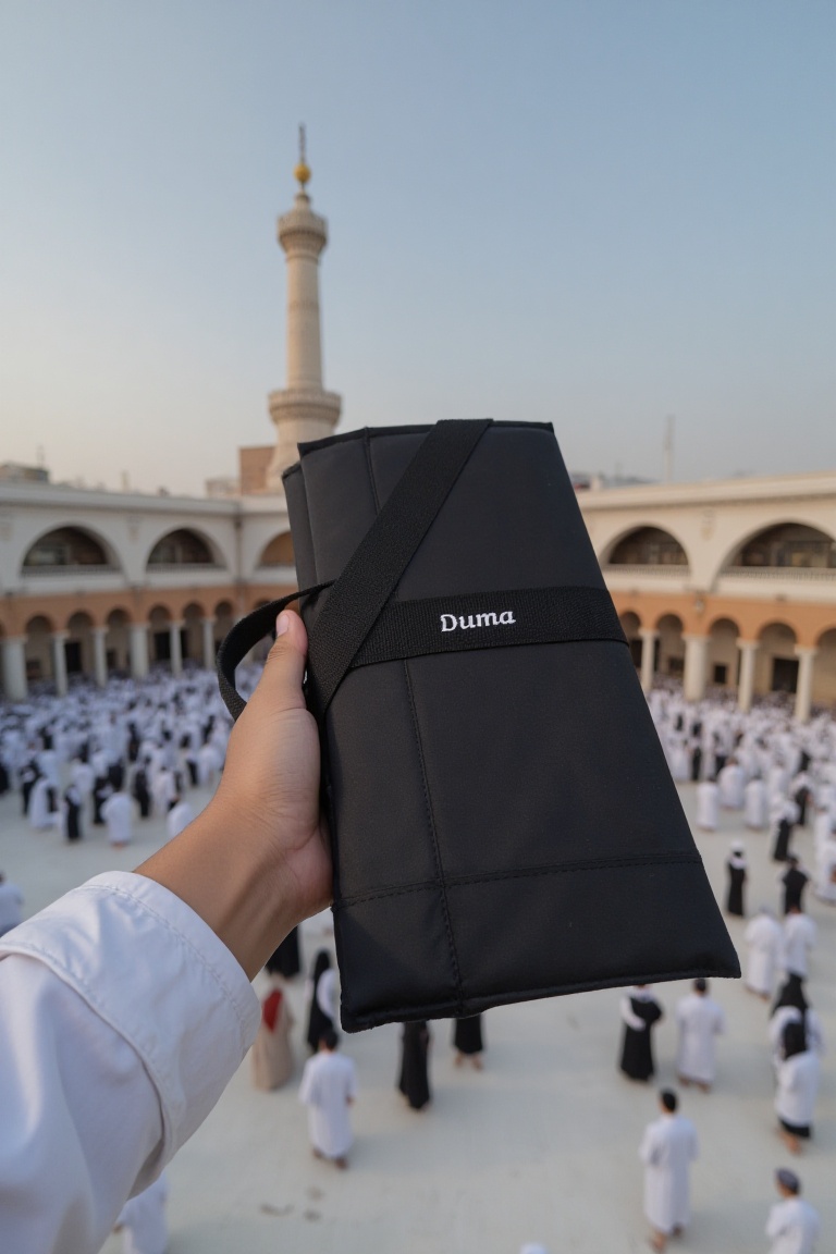 Pov view with one hand wearing white long sleeve jacket hold a black rectangular duma bag with strap handle. The bag has t...