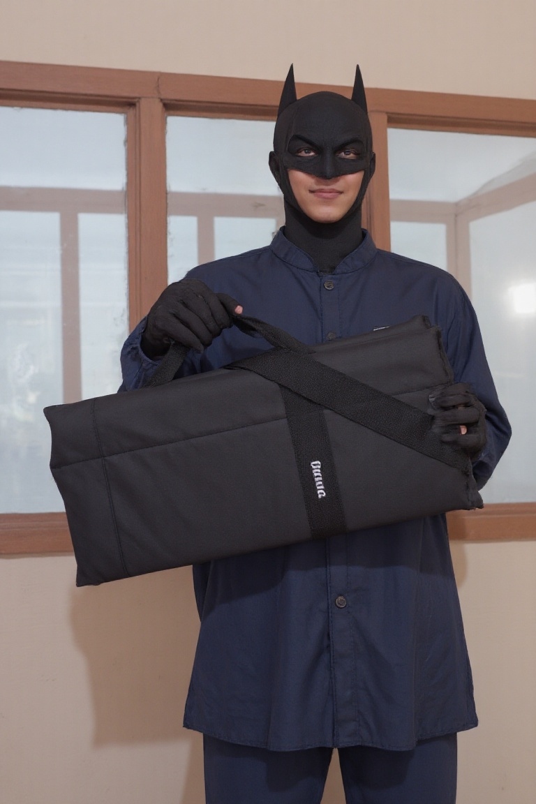 Batman hold vertically a black rectangular duma bag. The bag has the word "Duma" written on it in white text. in front of...