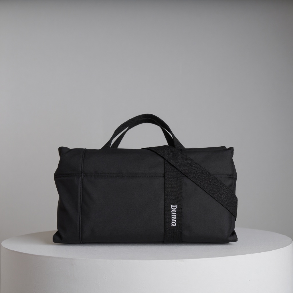 A product shot of a sleek black rectangular duma bag. The bag has the word "Duma" written on it in white text. against a n...