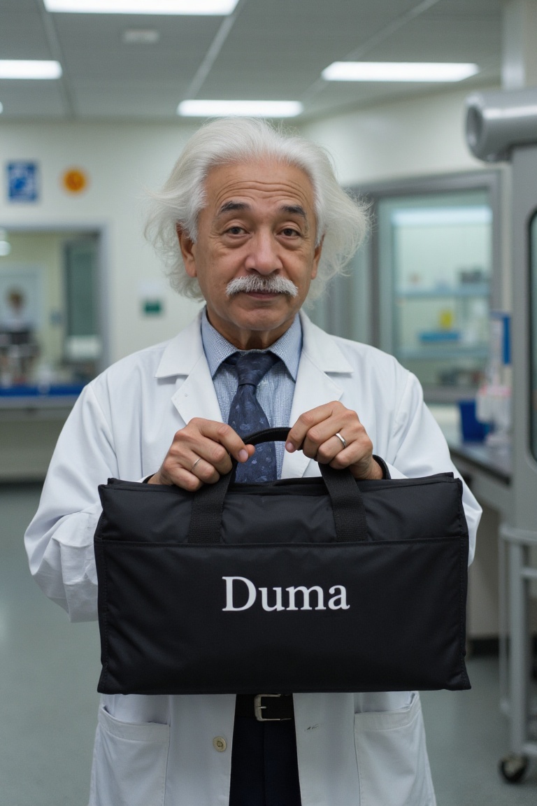 Albert einstein wearing white coat,  holding a black rectangular duma bag. The bag has the word "Duma" written on it in wh...