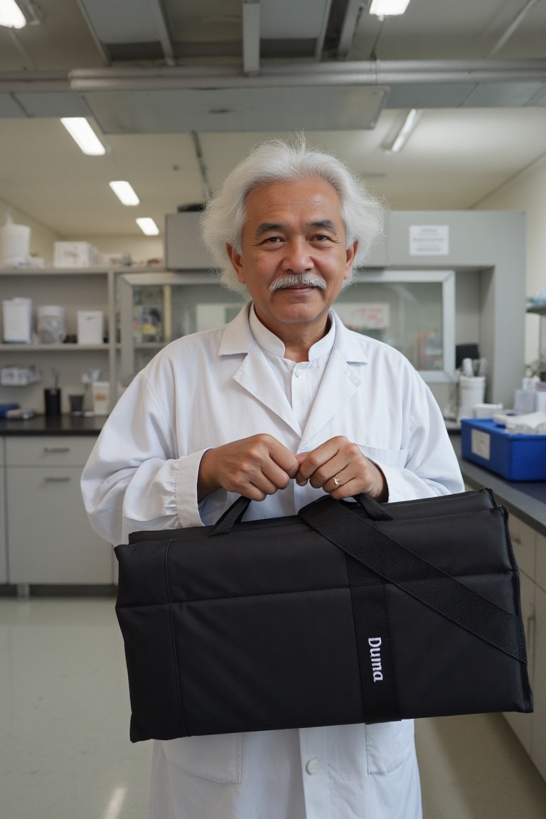 Albert einstein wearing white coat,  holding a black rectangular duma bag. The bag has the word "Duma" written on it in wh...
