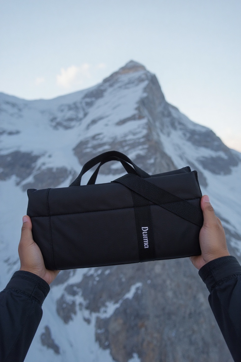 Pov view with hands wearing long sleeve jacket hold horizontally a black rectangular duma bag. The bag has the word "Duma"...