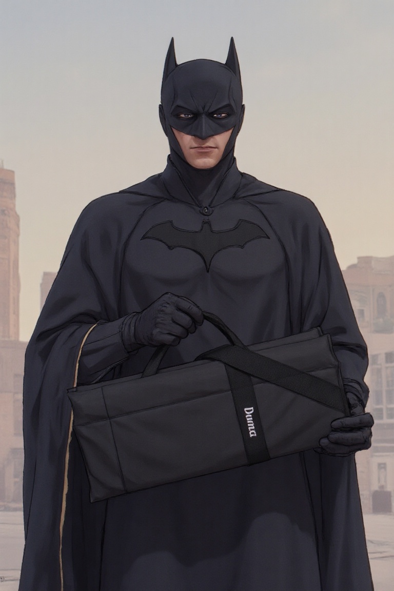 Batman hold vertically a black rectangular duma bag. The bag has the word "Duma" written on it in white text. in front of...