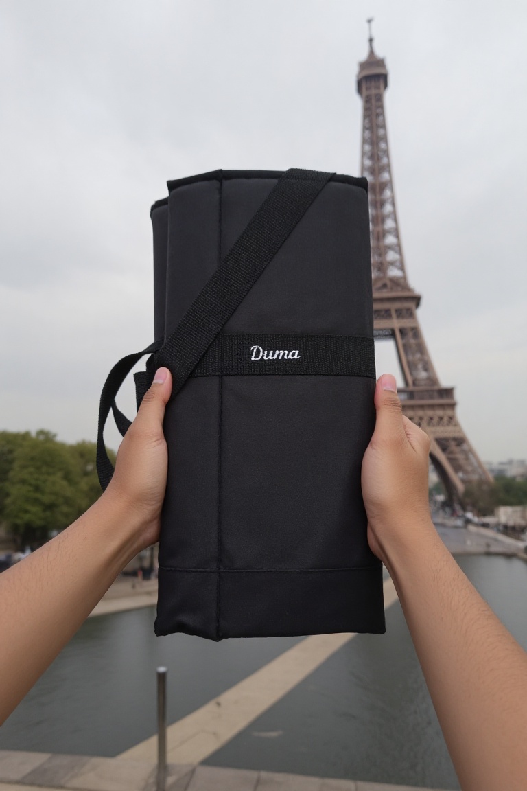 Pov view with hands of a black rectangular duma bag. The bag has the word "Duma" written on it in white text. Background i...