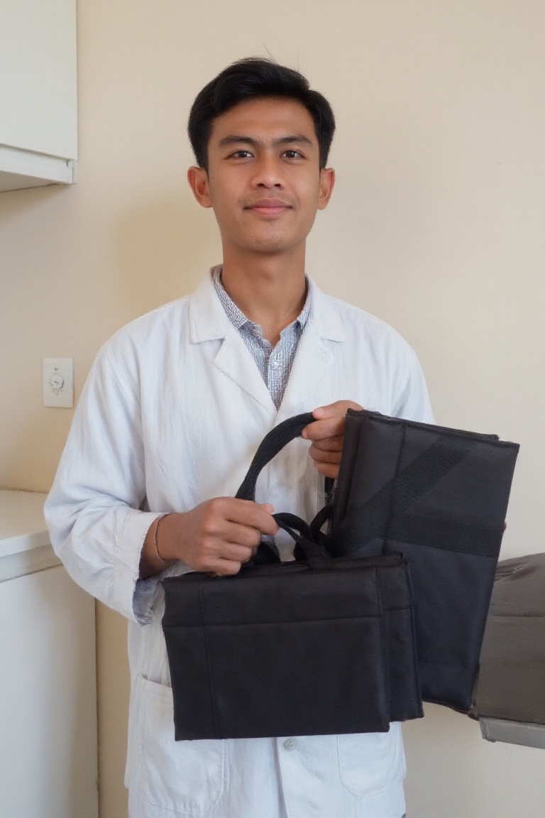 ((PratamaArhan)) wearing white coat,  holding a black rectangular duma bag. The bag has the word "Duma" written on it in w...