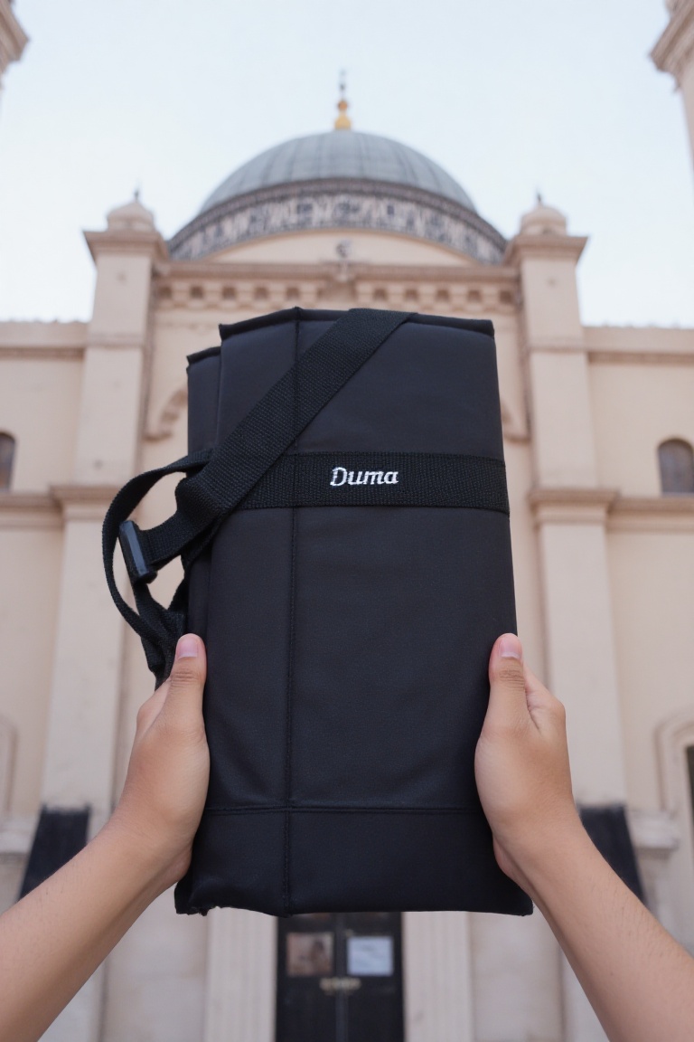 Pov view with hands of a black rectangular duma bag. The bag has the word "Duma" written on it in white text. Background i...