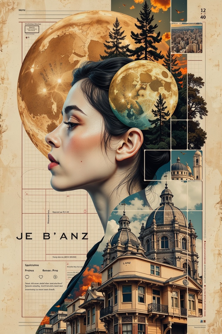 A digital wall decor styled collage featuring a profile of a person with a prominent circular moon-like object integrated...