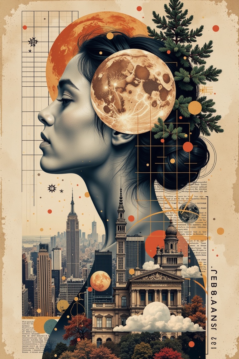A digital wall decor styled collage featuring a profile of a person with a prominent circular moon-like object integrated...