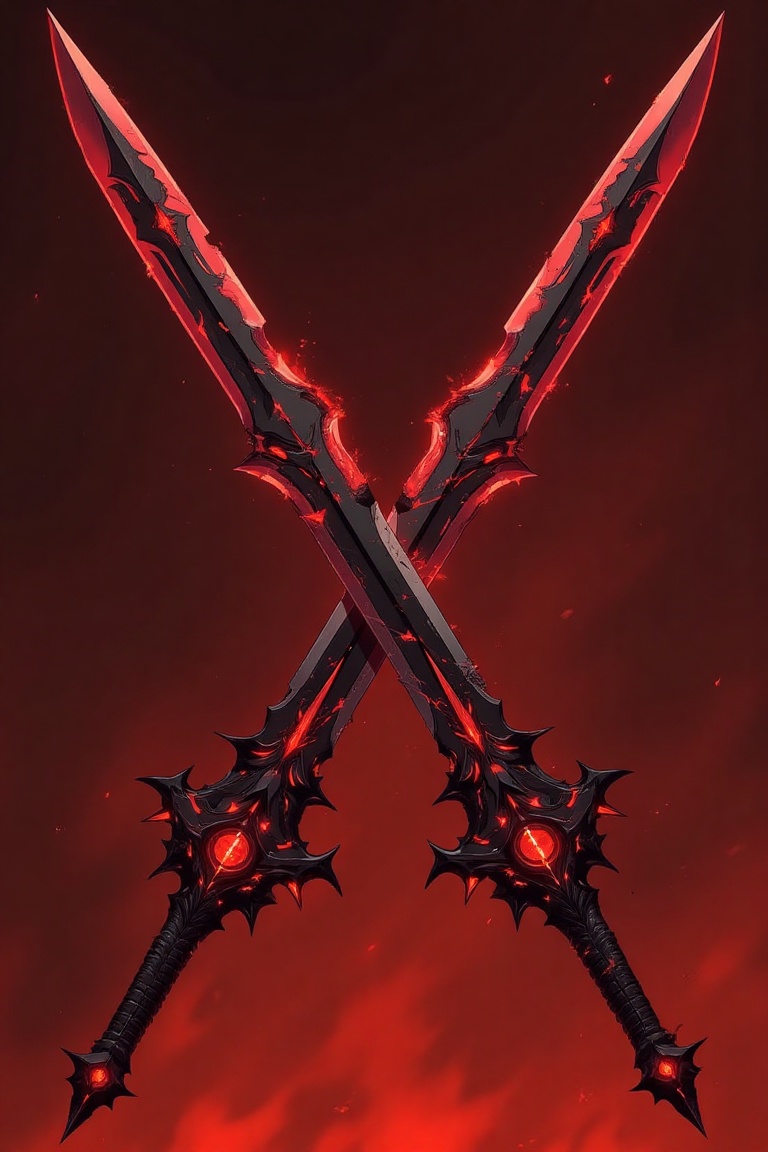 The image showcases a pair of cursed,  demonic greatswords,  crossed in an ominous stance against a fiery red background....