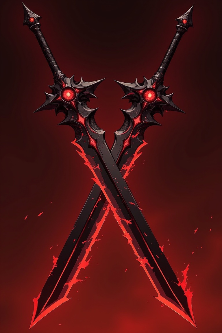 The image showcases a pair of cursed,  demonic greatswords,  crossed in an ominous stance against a fiery red background....