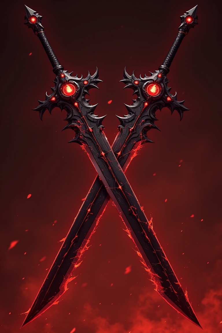The image showcases a pair of cursed,  demonic greatswords,  crossed in an ominous stance against a fiery red background....