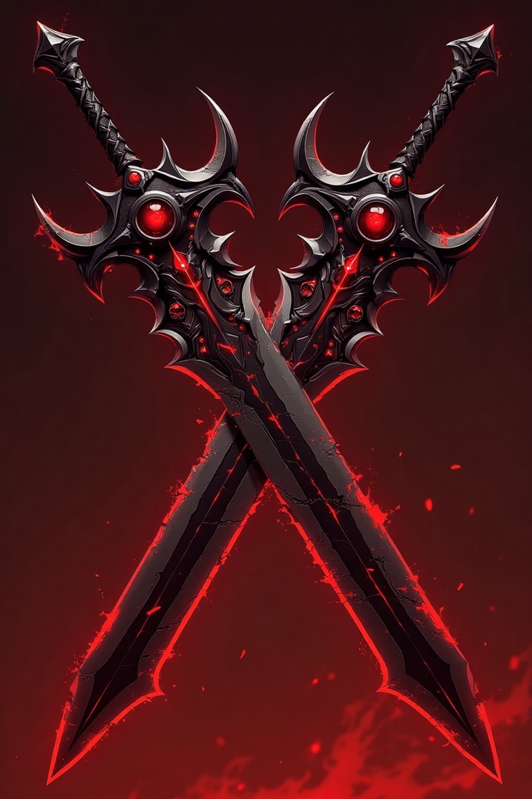 The image showcases a pair of cursed,  demonic greatswords,  crossed in an ominous stance against a fiery red background....