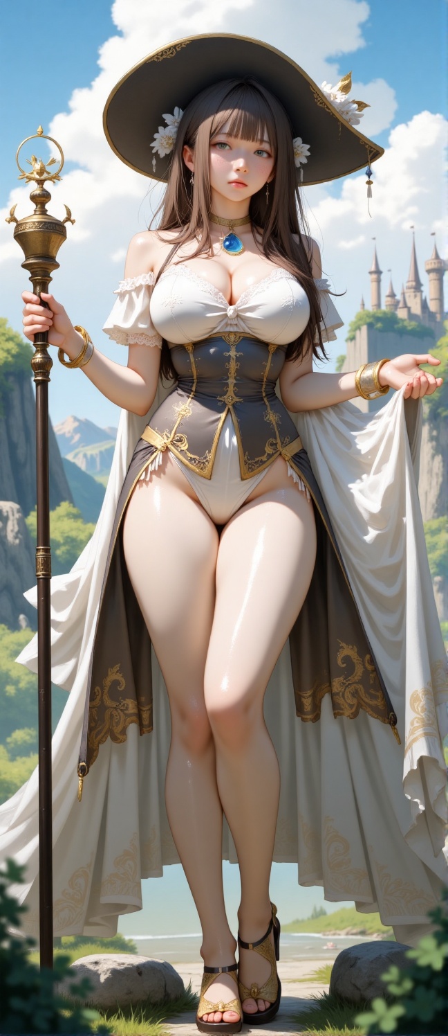 The image depicts a fantasy-themed artwork featuring a woman dressed in elaborate,  medieval-style clothing. She is wearin...