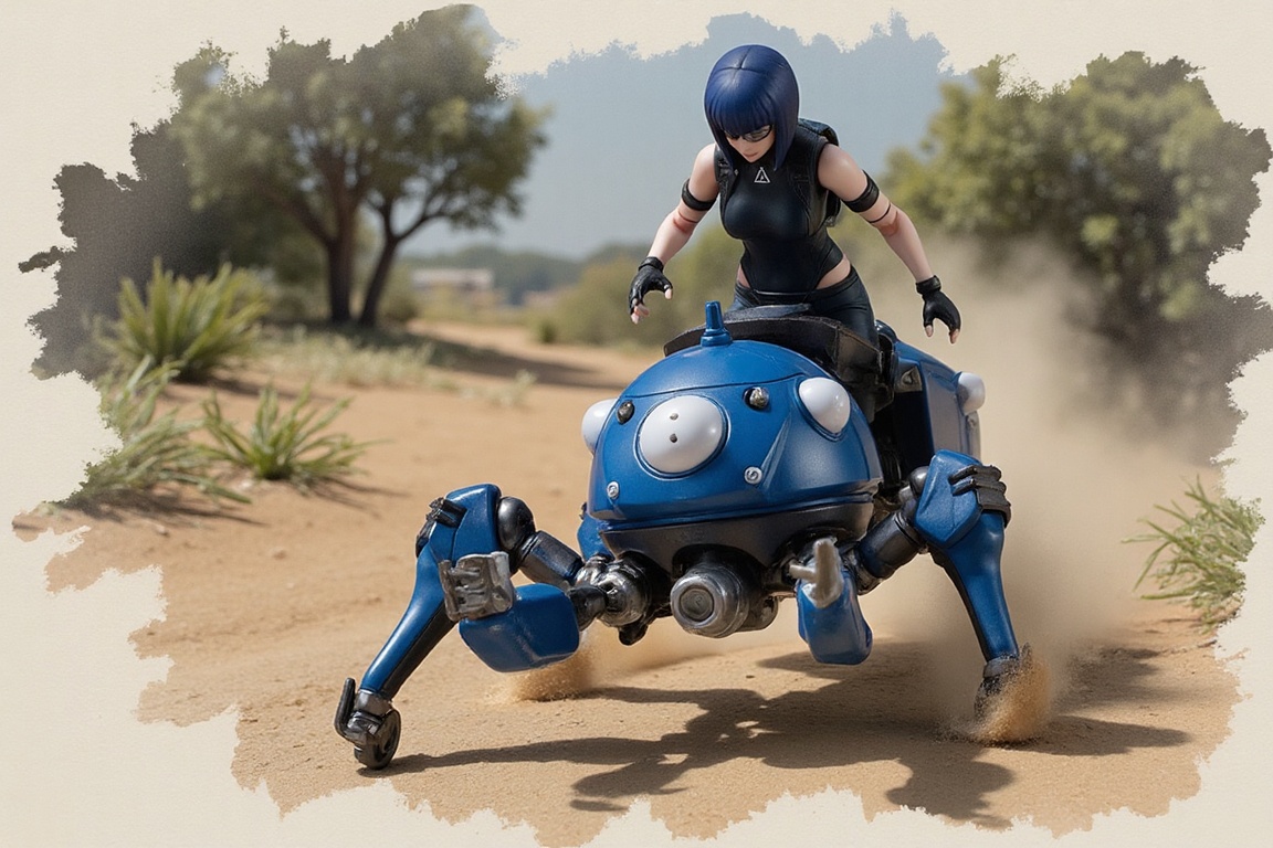 Tachikoma,  Major Motoko Kusanagi on the top,  high-speed chase on Tensor.Art