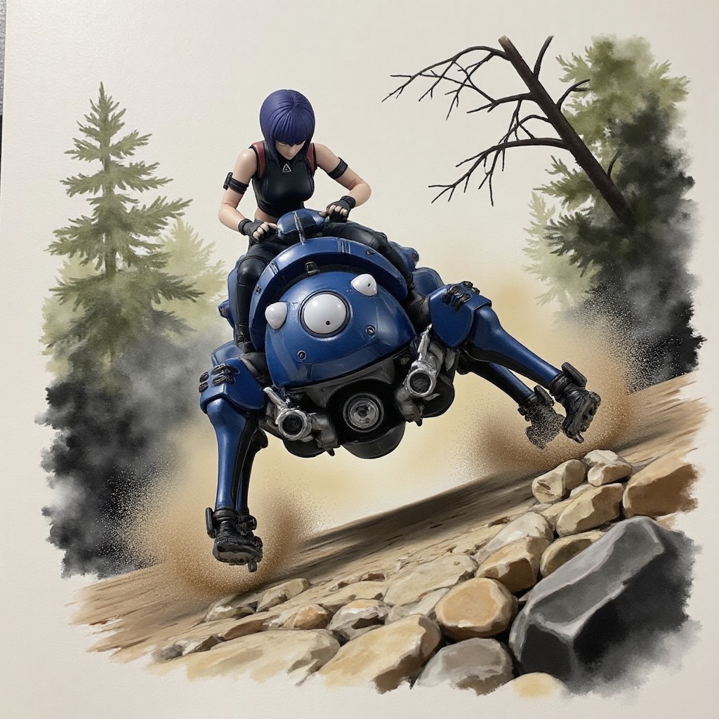 Tachikoma,  Major Motoko Kusanagi on the top,  high-speed chase on Tensor.Art