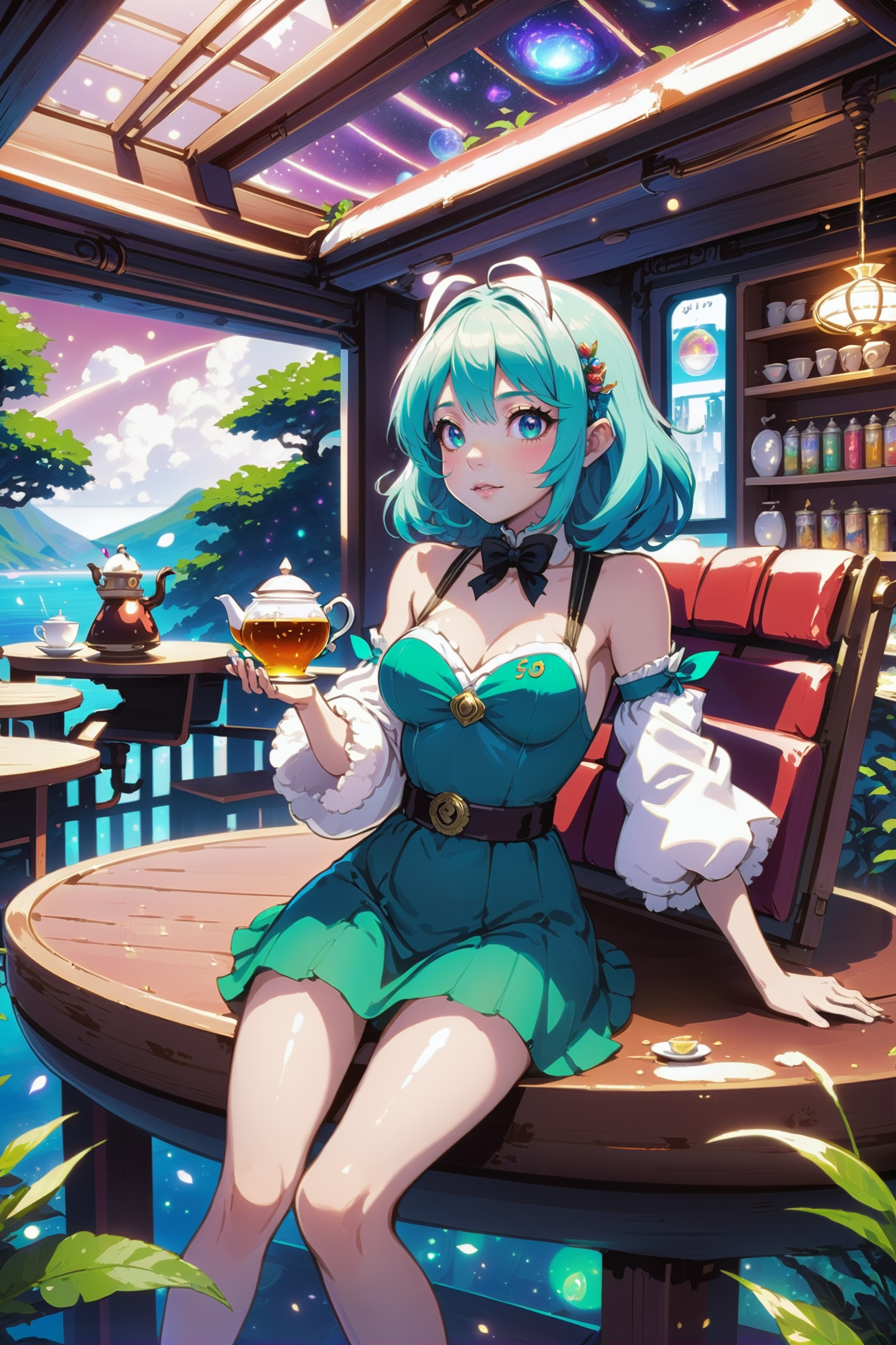 anime style,  fantasy,  tea shop in a dingy scifi cosmic metropolis outside of the universe on Tensor.Art