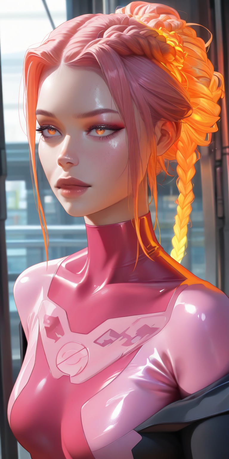 "A futuristic hairstyle featuring intricately braided hair with multiple vibrant colors blending seamlessly. The hairstyle...