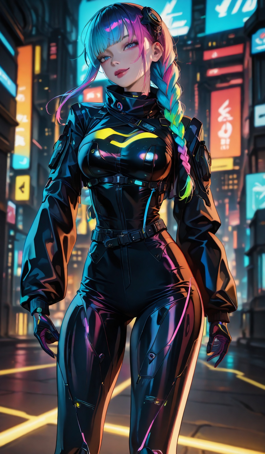 "A futuristic hairstyle featuring intricately braided hair with multiple vibrant colors blending seamlessly. The hairstyle...