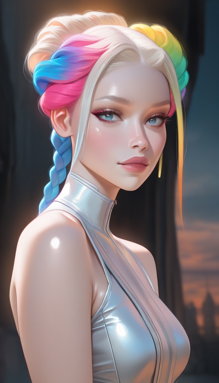 "A futuristic hairstyle featuring intricately braided hair with multiple vibrant colors blending seamlessly. The hairstyle...
