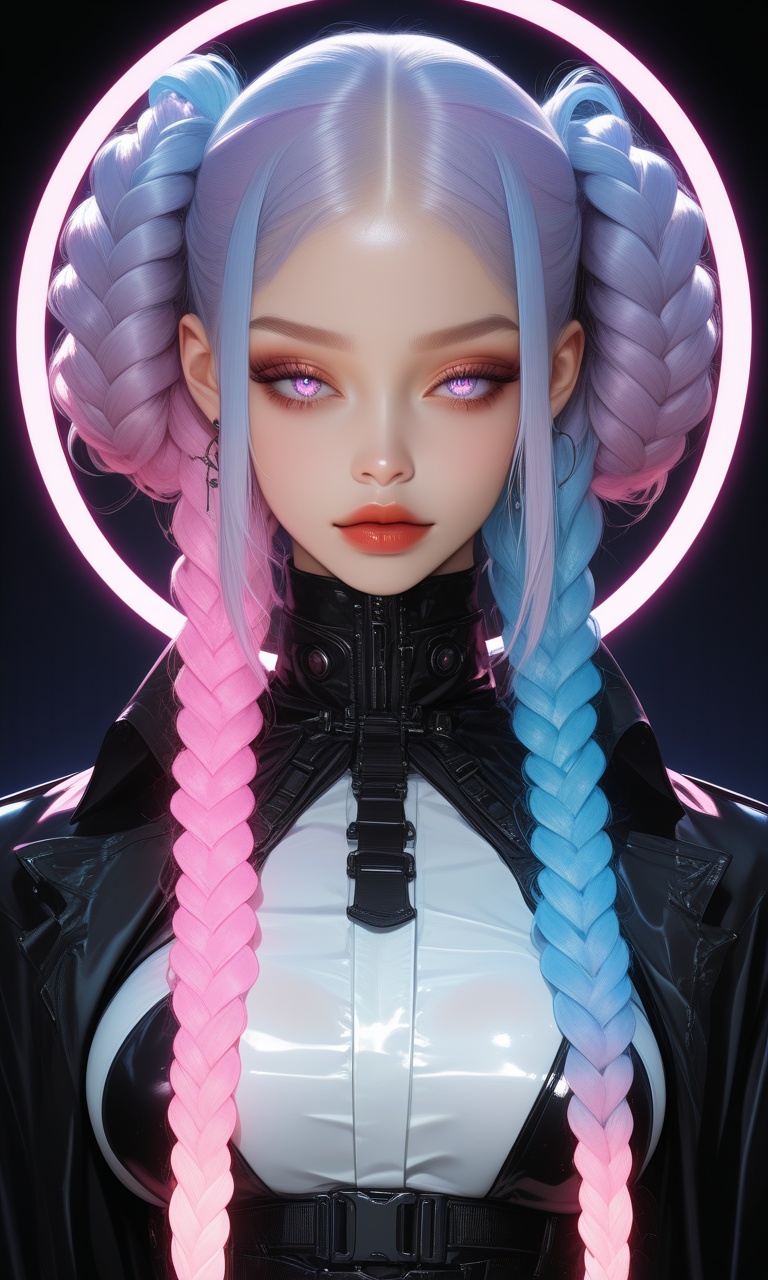 "A futuristic hairstyle featuring intricately braided hair with multiple vibrant colors blending seamlessly. The hairstyle...
