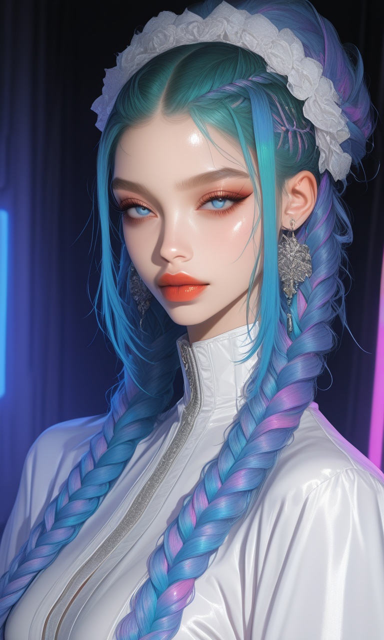"A futuristic hairstyle featuring intricately braided hair with multiple vibrant colors blending seamlessly. The hairstyle...