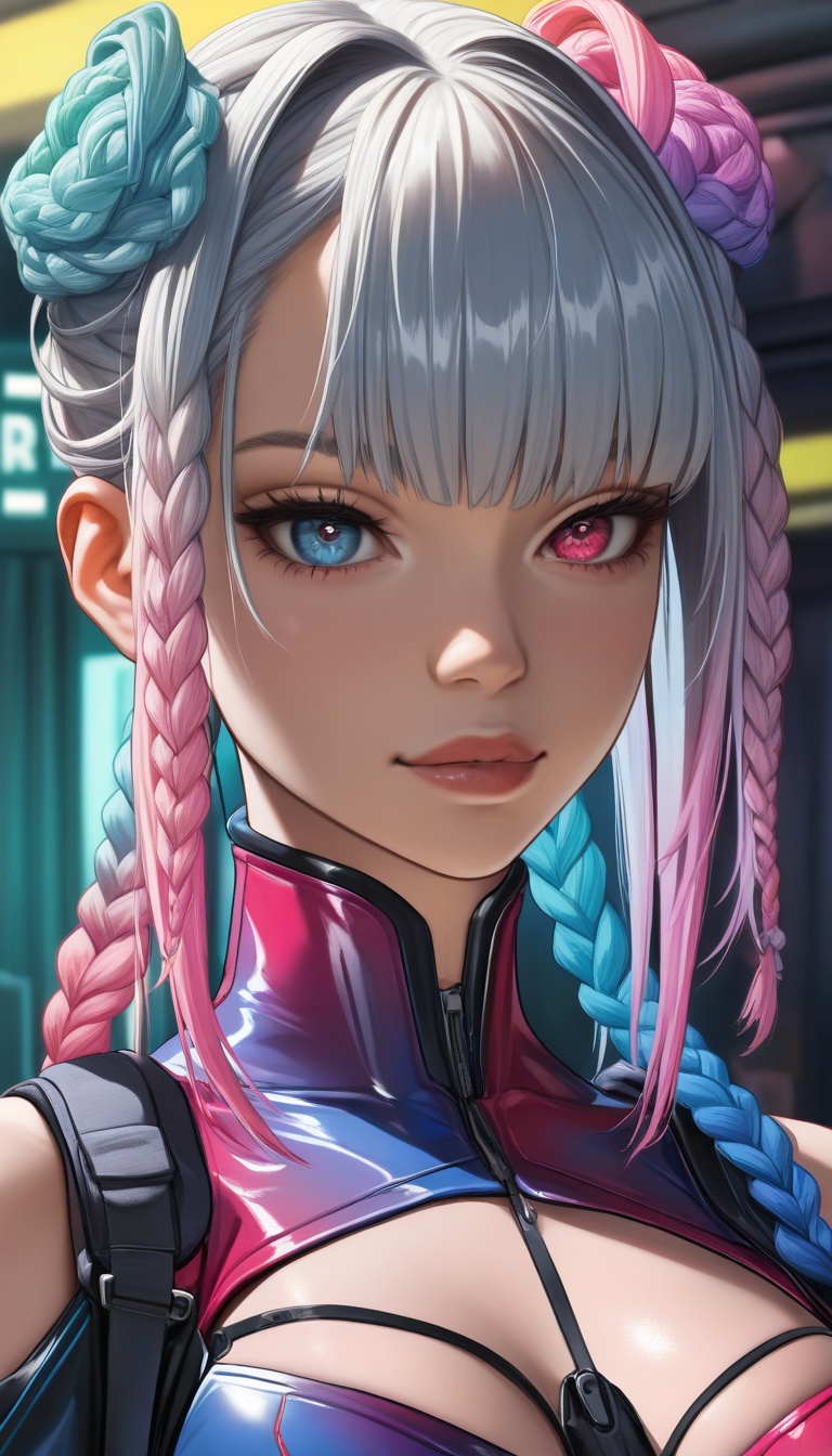 "A futuristic hairstyle featuring intricately braided hair with multiple vibrant colors blending seamlessly. The hairstyle...
